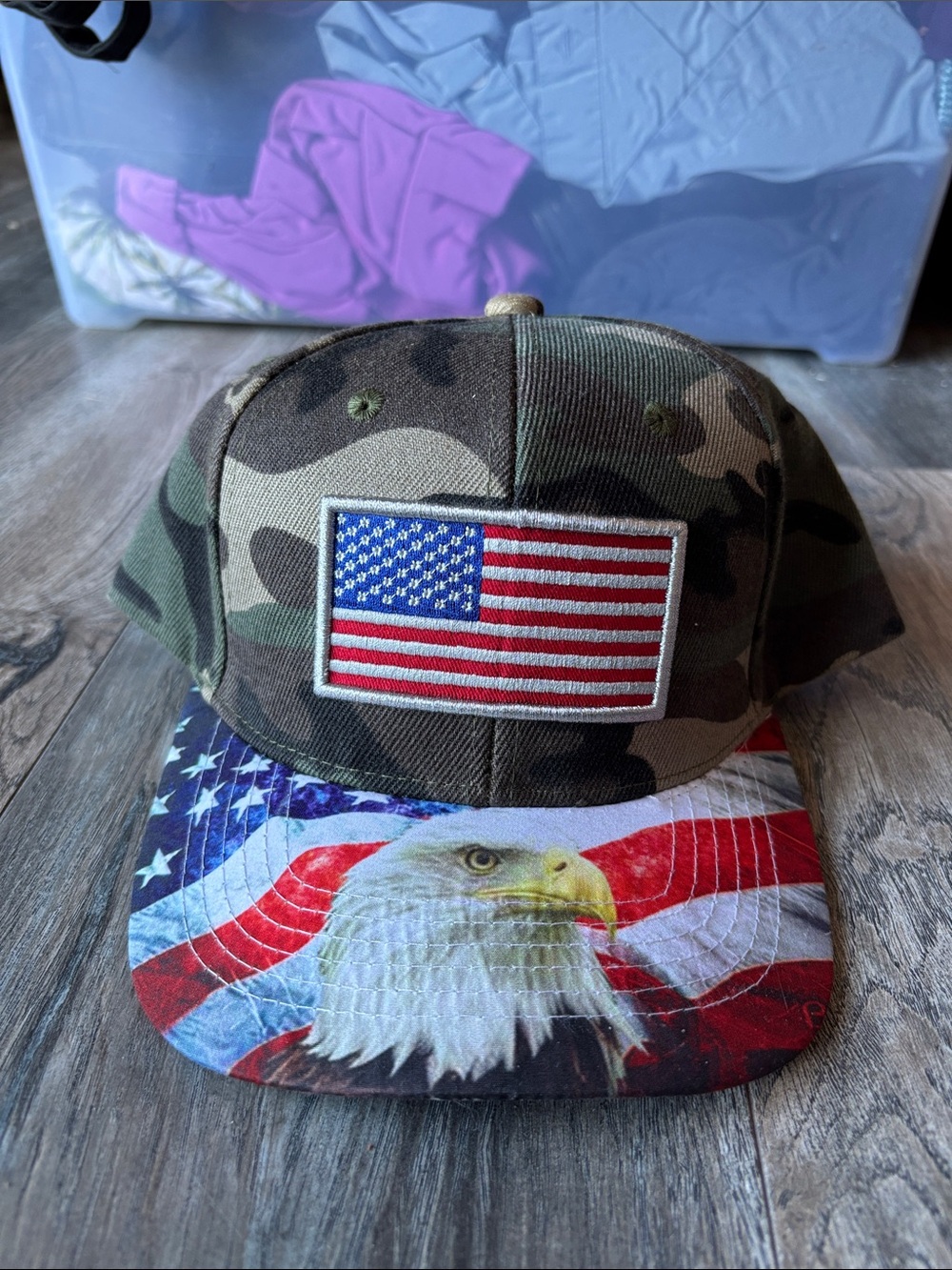 Camo Trucker Hat with American Flag & Eagle Visor